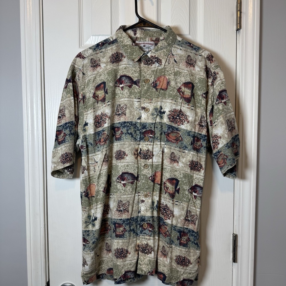 Boca Classics Hawaiian Fish‎ Shirt Mens Large Cork Buttons Cotton And Rayon